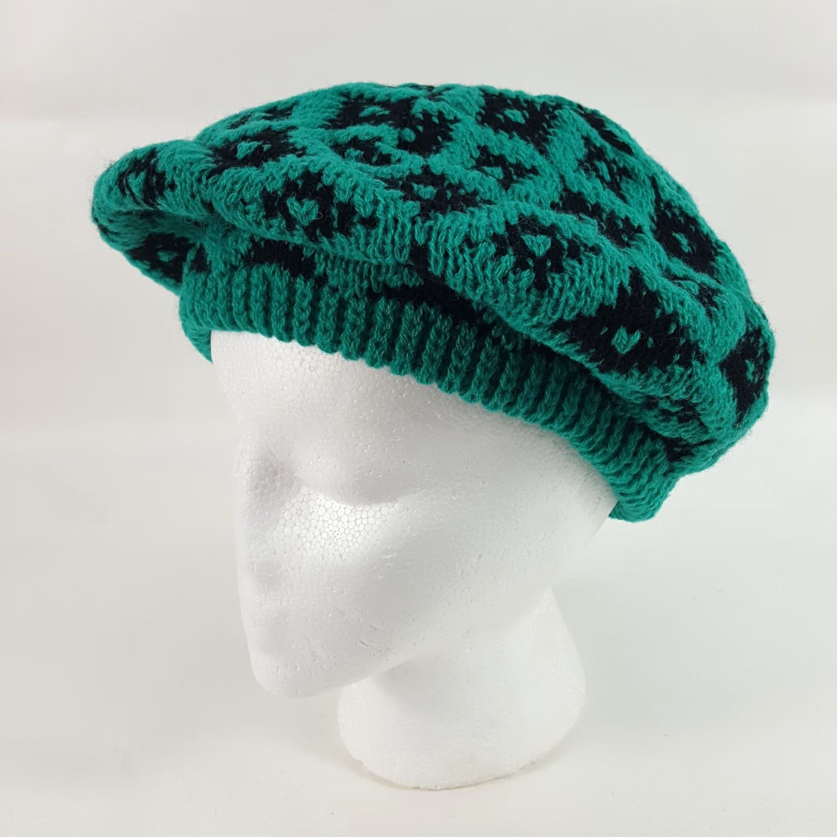 Vintage VINTAGE 80s Knit Wool Teal Diamond French Beret Warm Winter Hat Womens One Size Size ONE SIZE - 6 Thumbnail