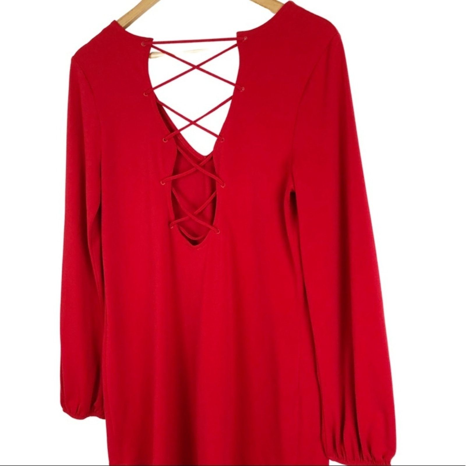 Express Express Women’s Red Lace Up Long Sleeve Sexy Blouse Size M / US 6-8 / IT 42-44 - 11 Thumbnail