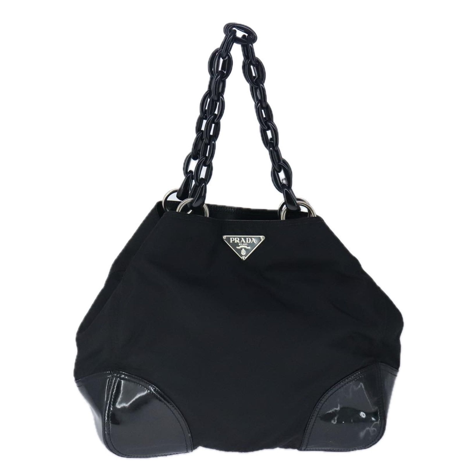 Prada Chain Tote Black Nylon Patent Leather