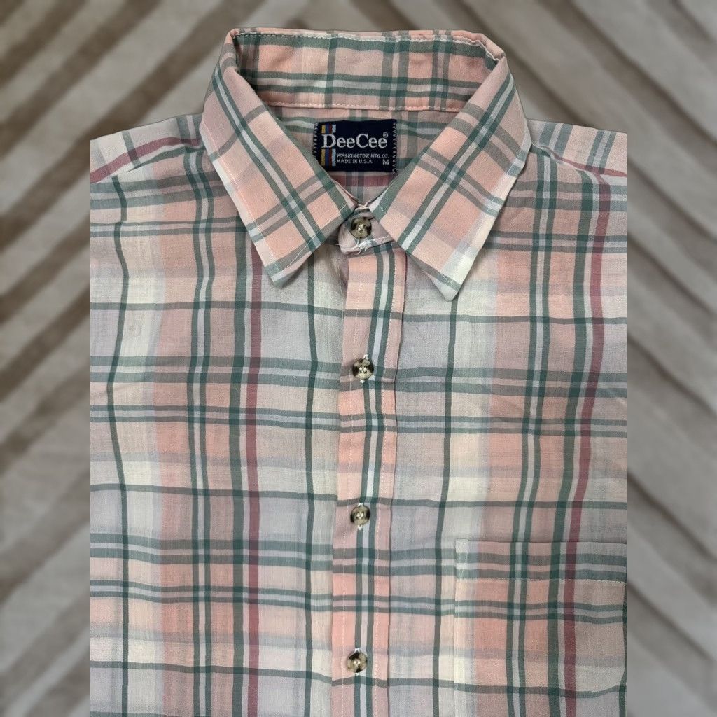 Pinko VINTAGE Dee Cee Shirt 80s Button-Up Slim Fit Men M Pink Plaid Lightweight Cotton Polyester Casual, Business, Travel Mens Size US M / EU 48-50 / 2 - 1 Thumbnail