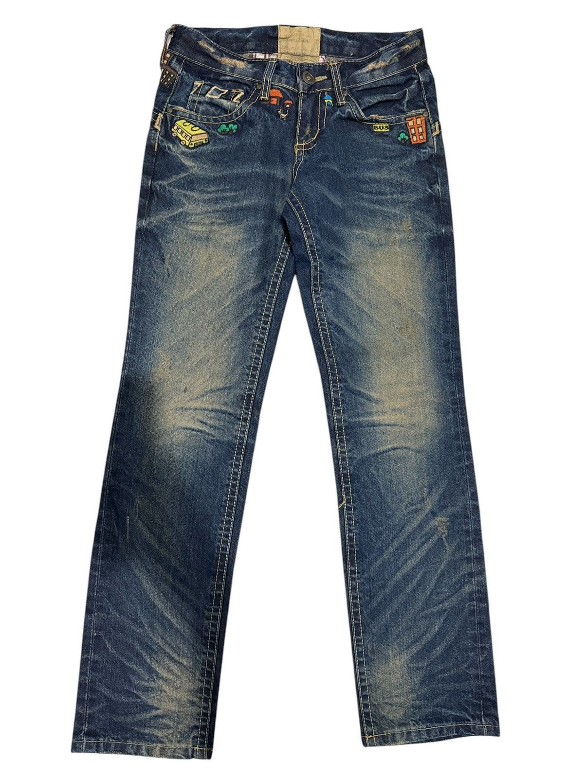 If Six Was Nine × Japanese Brand Yoshitomo Nara Lolita Skinny Jeans Embroidery Damage Flare Size US 30 / EU 46 - 2 Thumbnail