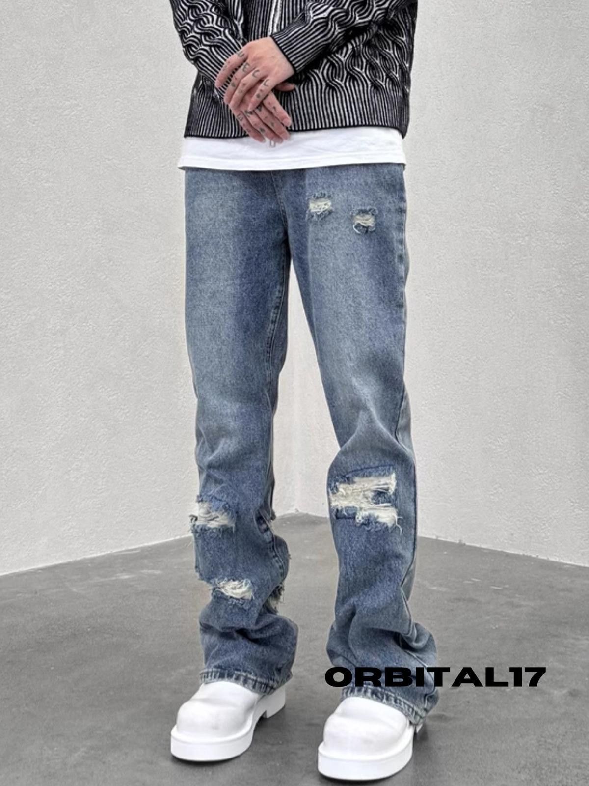 Distressed Blue Flare Denim Jeans Stacked Jeans
