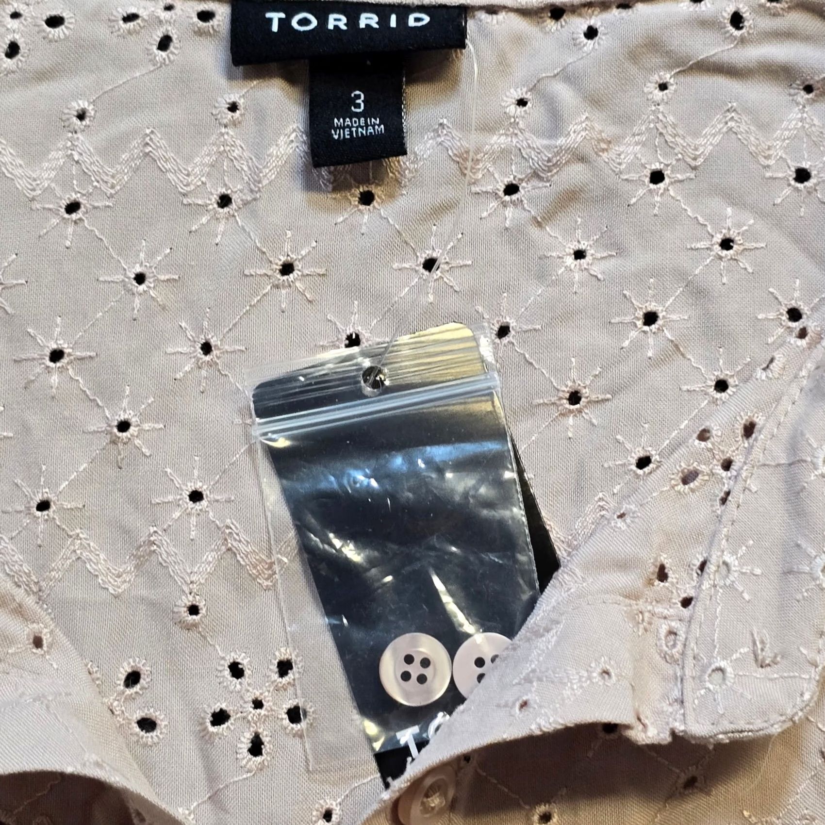 Torrid Torrid Shirt Women 3X Beige Eyelet Lace Button 3/4 Sleeve Shirred Back Casual Blouse Size XXL / US 16-18 / IT 52-54 - 4 Thumbnail