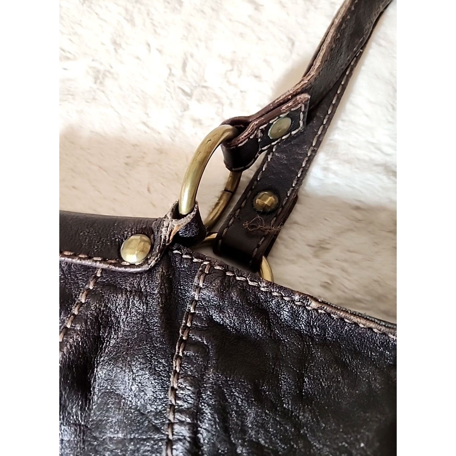Fossil Fossil Handbag Hobo Bag Leather Patchwork Quilted Brown Large 23X13" Womens Vintage Bag Purse Size ONE SIZE - 7 Thumbnail