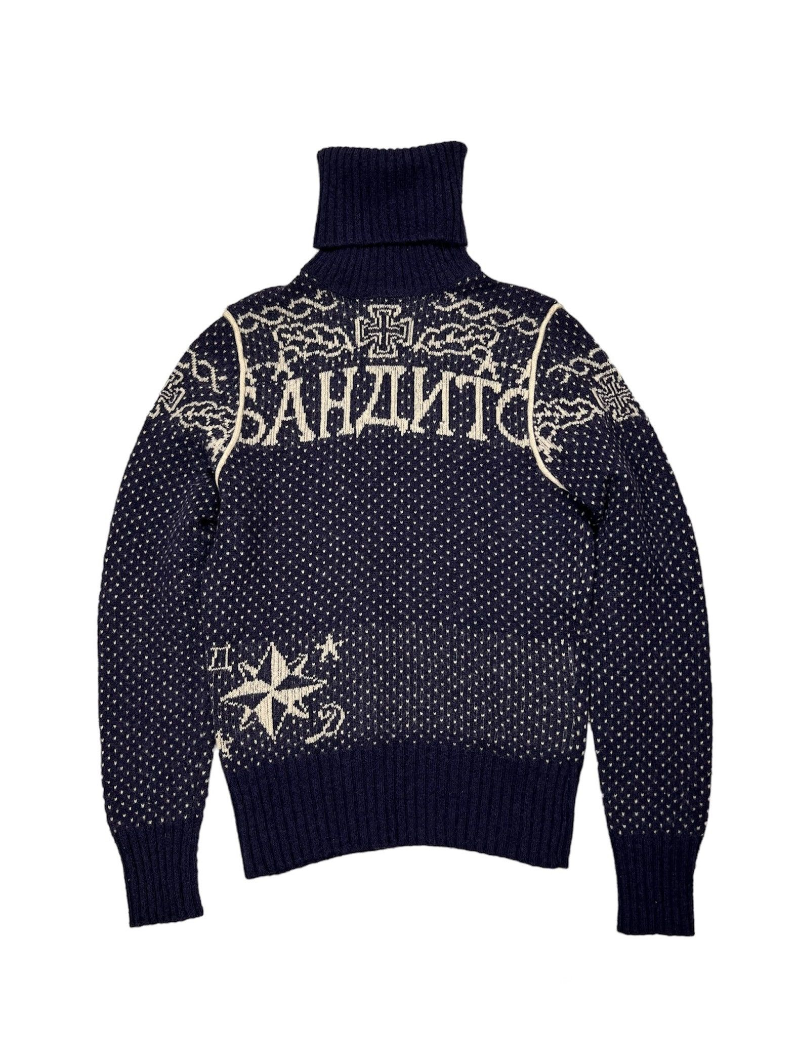 image of Diesel x Vintage Y2K Criminal Mafia Tattoo Turtleneck Wool Sweater in Blue, Men's (Size Small)