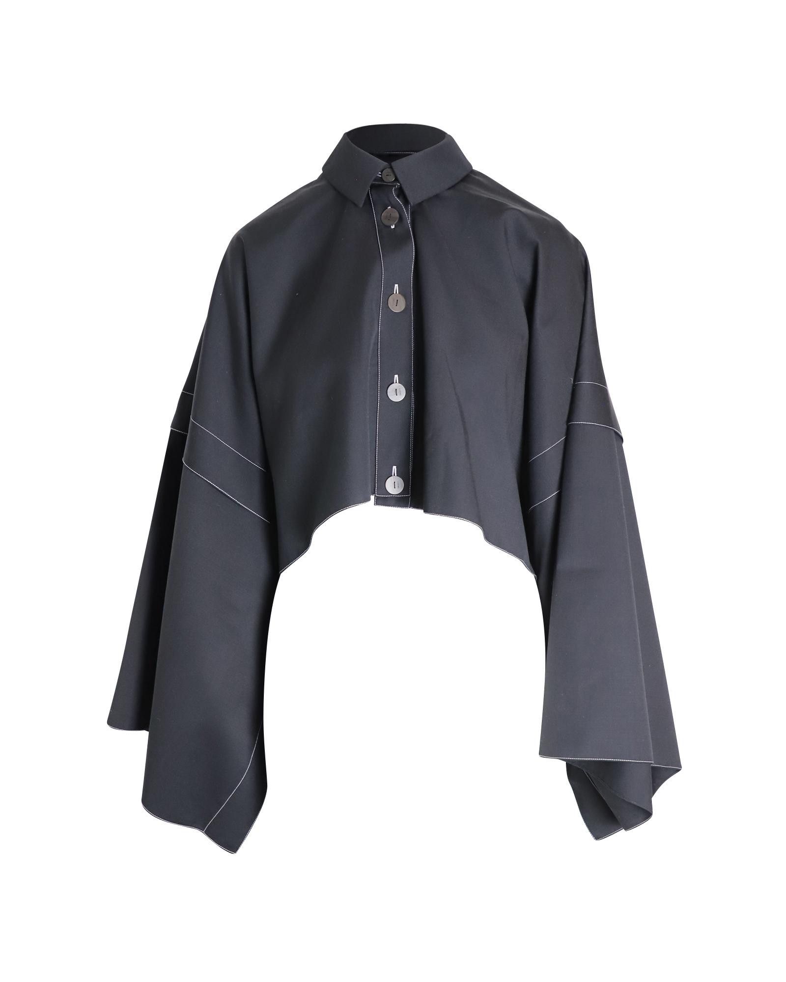 Image of Loewe Flowy Button Down Cropped Blouse With Accent Sleeves In Black Polyester, Women's (Size XS)