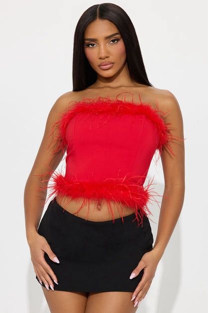 Fashion Nova Fashion Nova red top size L with feather trim Size L / US 10 / IT 46 - 1 Thumbnail