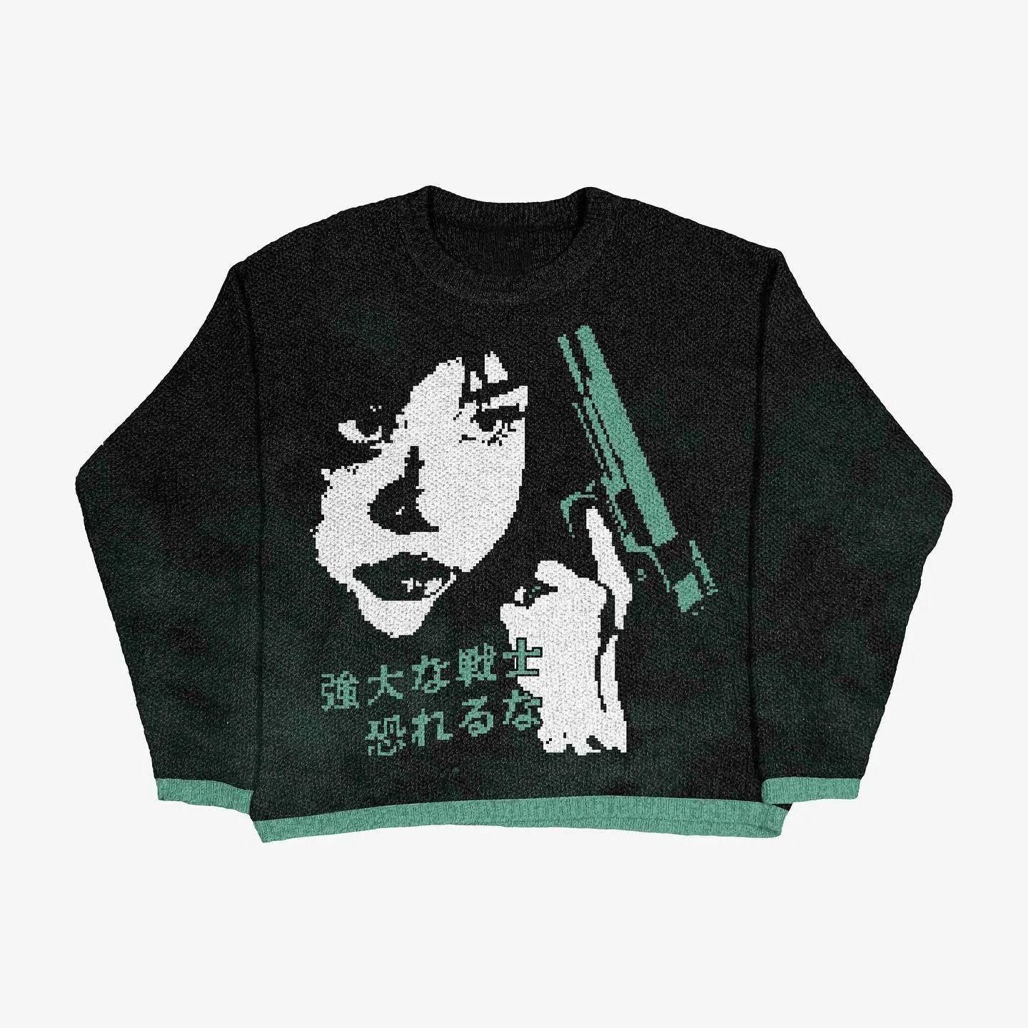image of Y2K Japanese Girl Graphic Knit Sweater, Men's (Size Medium)