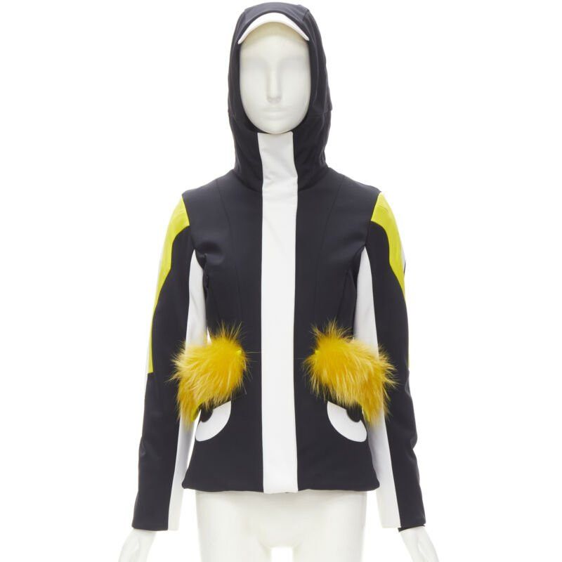 new FENDI Monster Bug Eye black yellow fur trim ski jacket IT38 XS