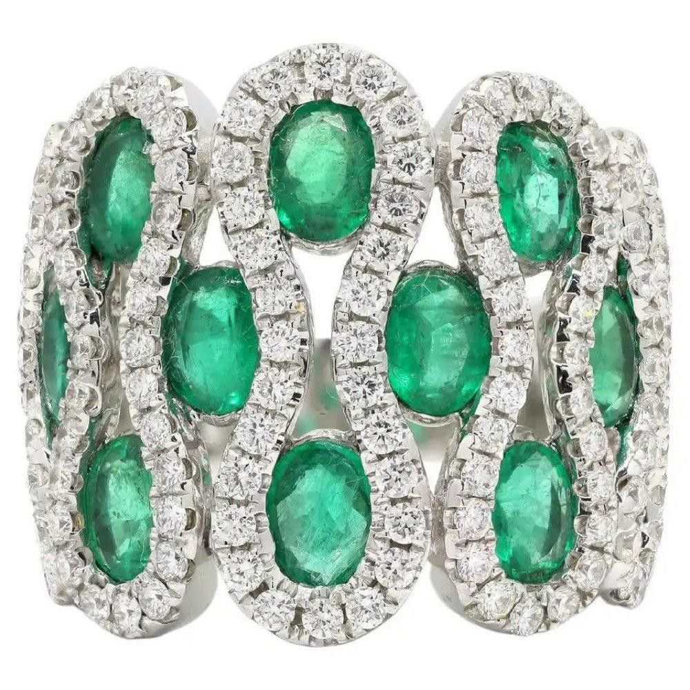 Designer Green Emerald & White Pear Weave Band Silver Ring - Size 7 Size ONE SIZE - 10 Thumbnail