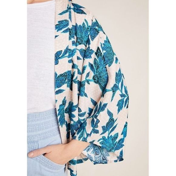 Anthropologie Anderson & Lauth Teal Coral Print Kimono Size ONE SIZE - 2 Thumbnail