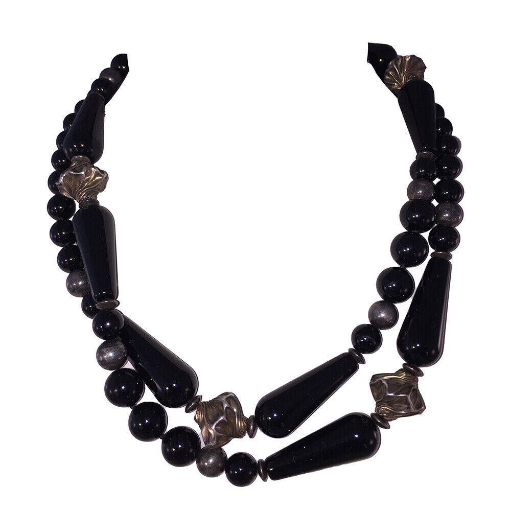 Handmade Carved Black Onyx & Sterling Opera Length Bead Necklace Size ONE SIZE - 1 Thumbnail