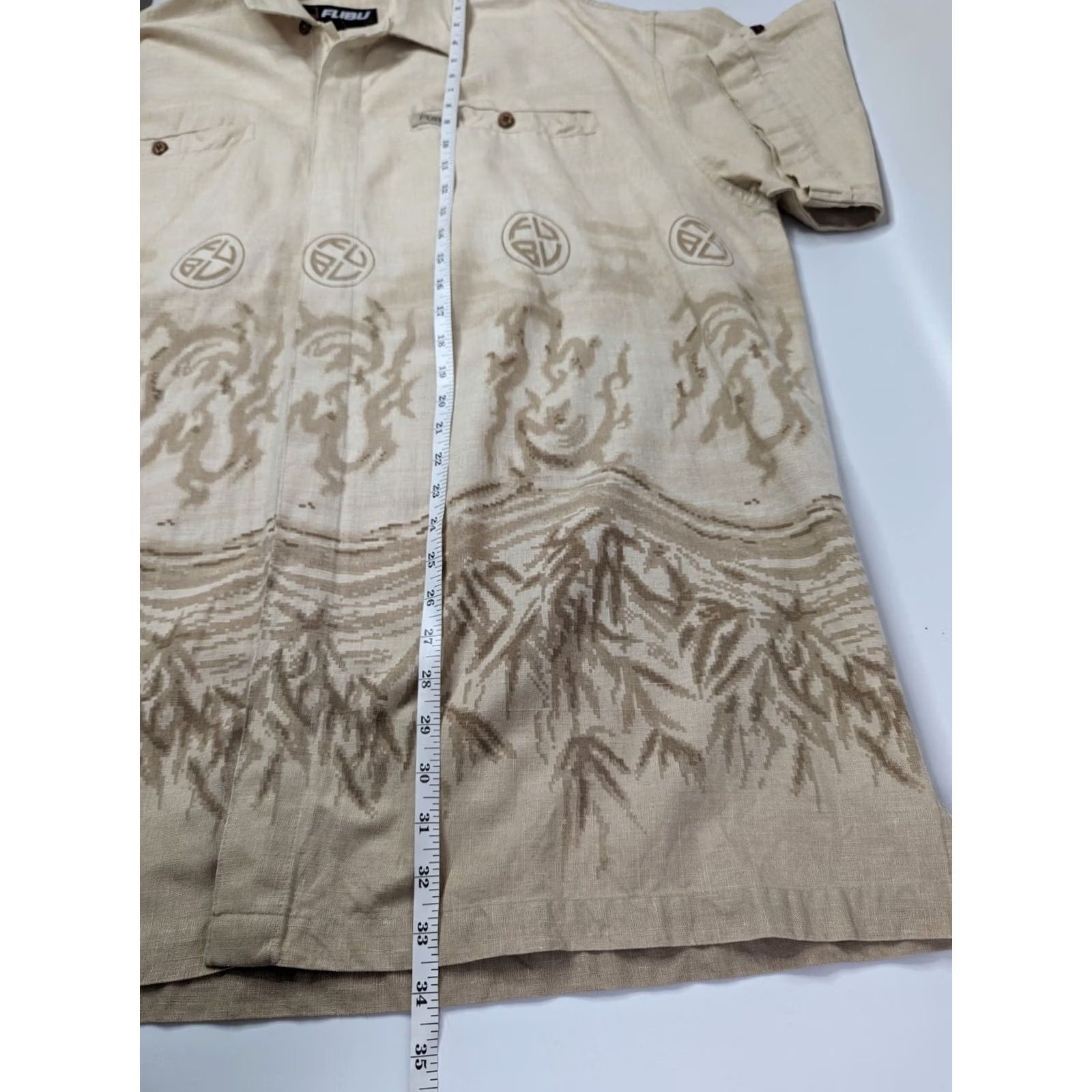 Fubu FUBU Shirt Dragon Beige Linen 2XL Short Sleeve Button-Up Collared Logo Fantasy Print Mens Size US XXL / EU 58 / 5 - 7 Thumbnail