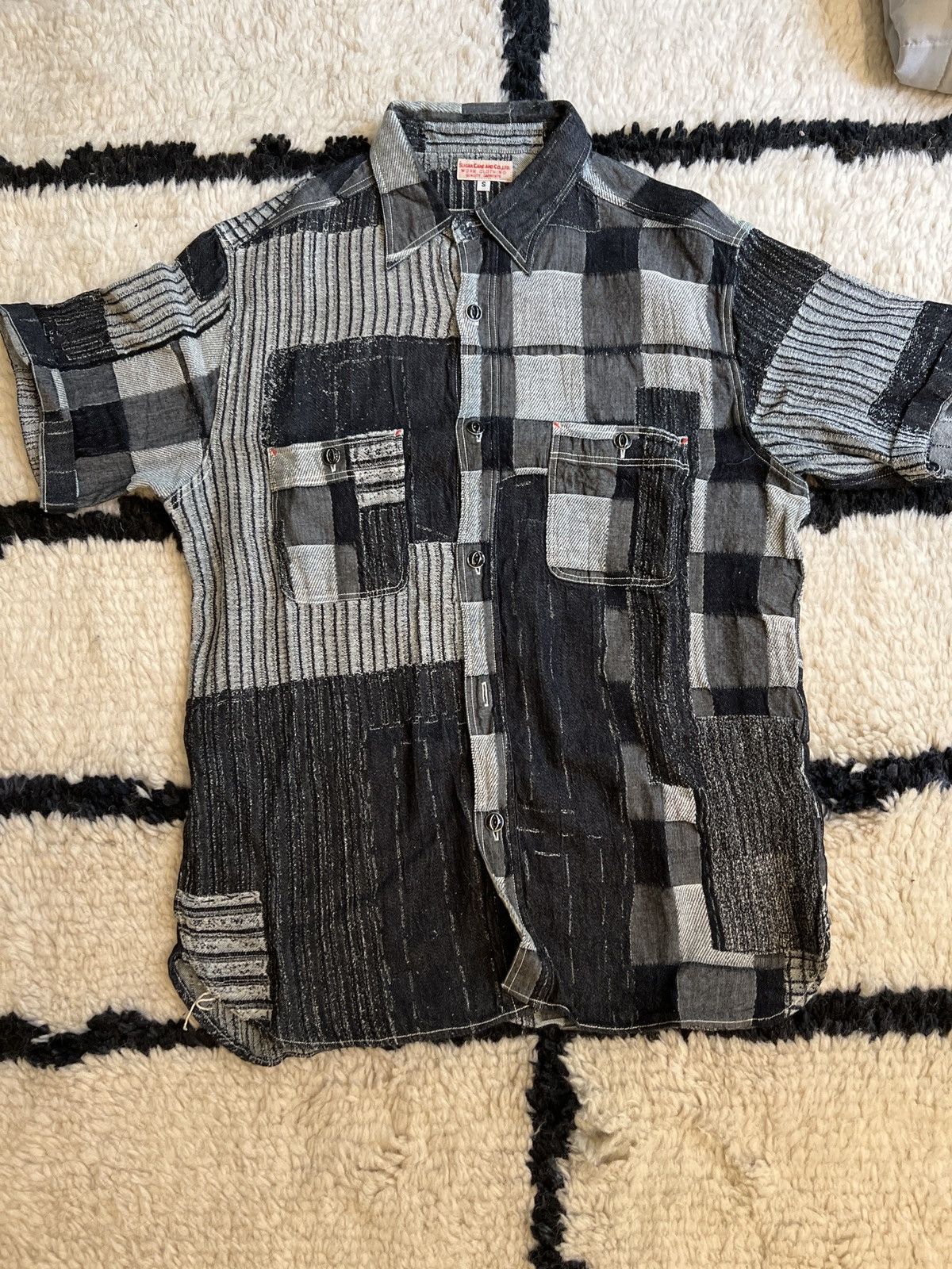 image of Sugar Cane Co Sugarcane Indigo Patchwork Short Sleeve Button Up, Men's (Size Small)