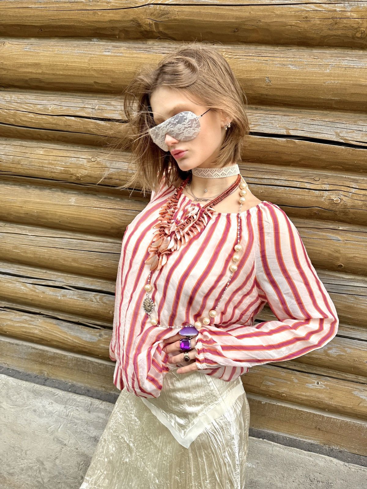 Vintage Vintage Silk pink striped off the shoulder blouse Size S / US 4 / IT 40 - 4 Thumbnail