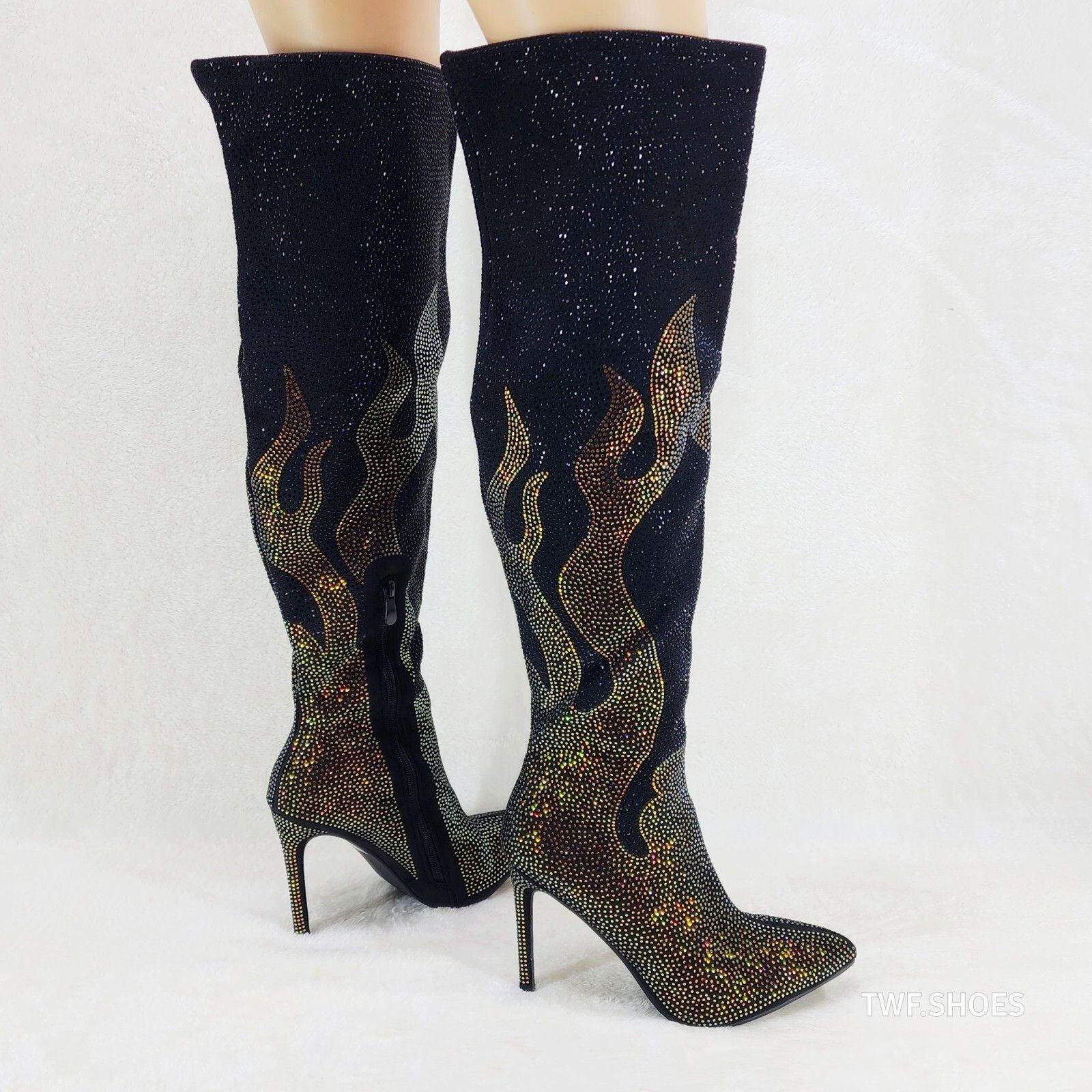 Other Like It Hot Black Rhinestone Flame Detail Sexy OTK High Heel Size US 8 / IT 38 - 4 Thumbnail