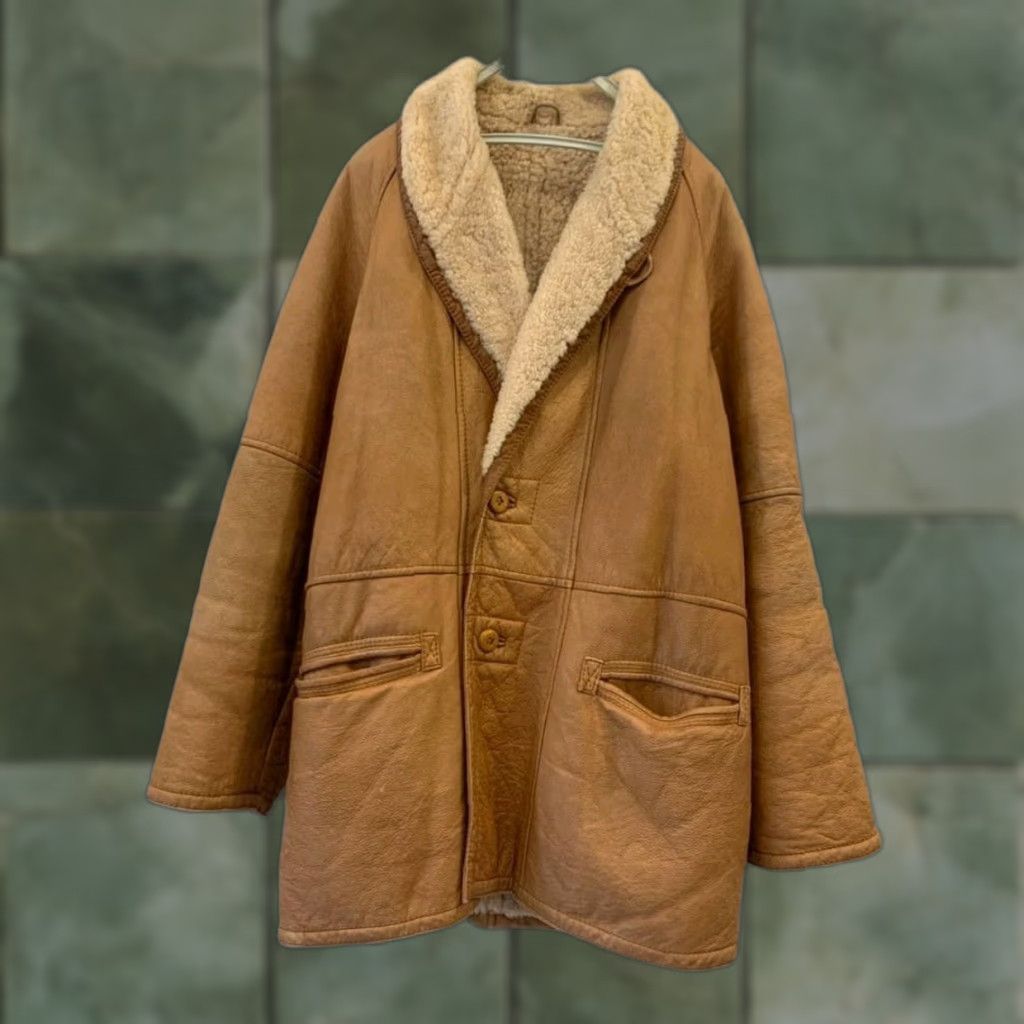 Vintage VINTAGE Shearling Coat Mens XL Leather Long Tan / Brown Sherpa Lined Overcoat Size US XL / EU 56 / 4 - 1 Thumbnail