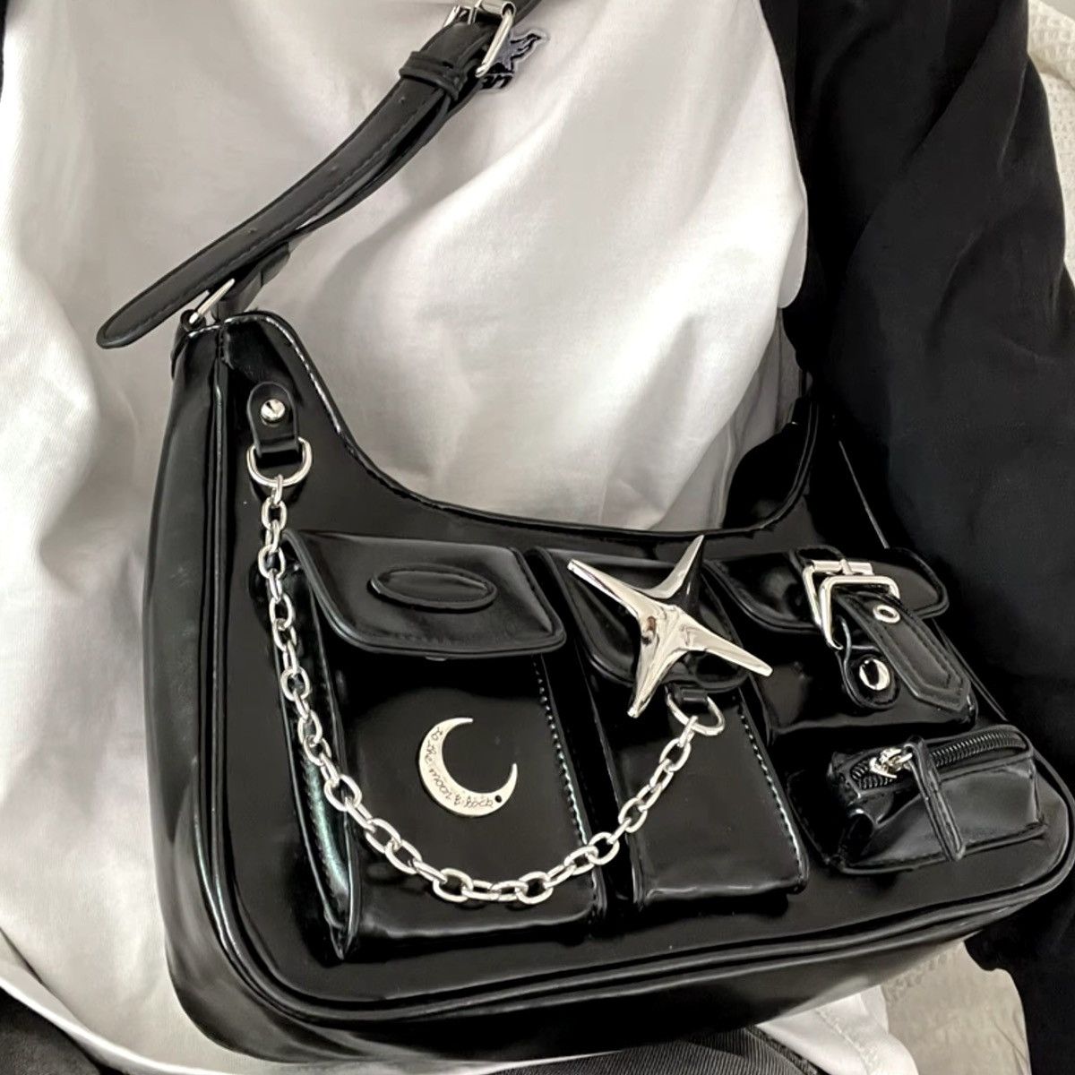 Other Gothic Punk Star Classic Black Shoulder Bag PU Leather Size ONE SIZE - 6 Thumbnail