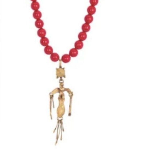 Valentino Red Beaded Ribbon Necklace with Gold Pendant Size ONE SIZE - 2 Thumbnail