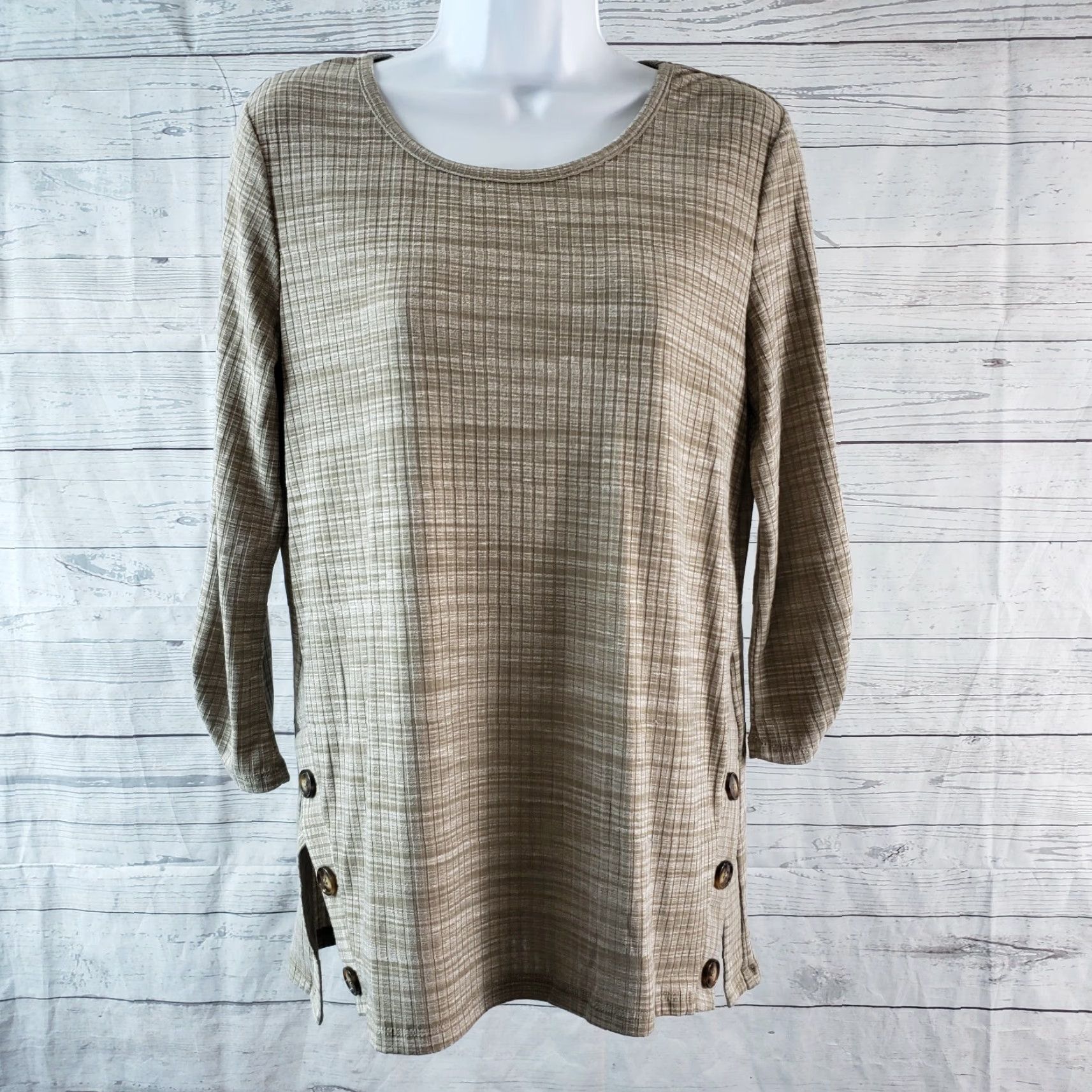 Vintage Fortune + Ivy Keira Button Detail Knit Top Blouse Womens S Small Taupe Brown 3/4 Sleeve Round Neck Pullover Knit Top Vintage No Mens Womens Size S / US 4 / IT 40 - 2 Thumbnail