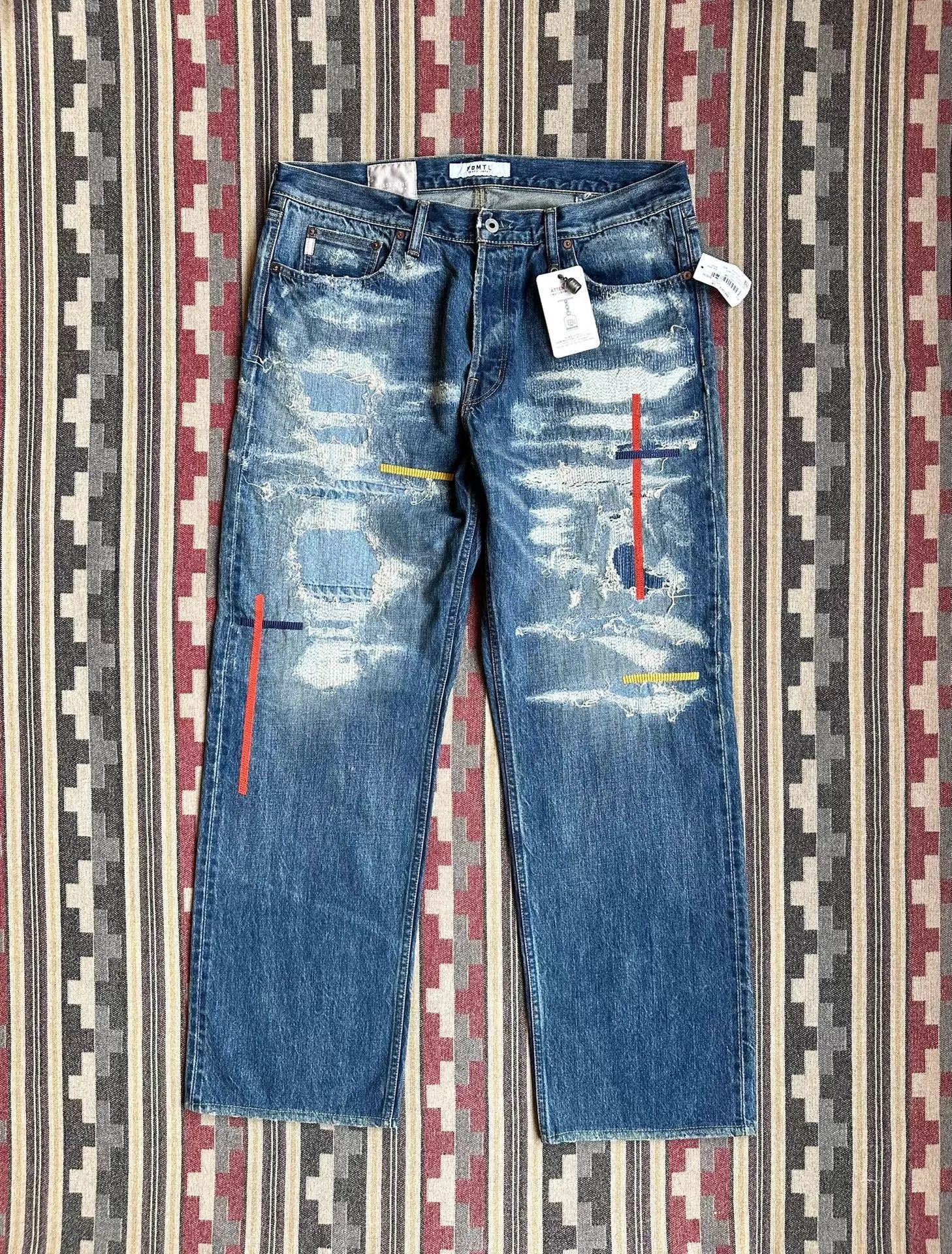 FDMTL Blue Distressed Denim Jeans with Colorful Stitch Details Size US 36 / EU 52 - 1 Thumbnail