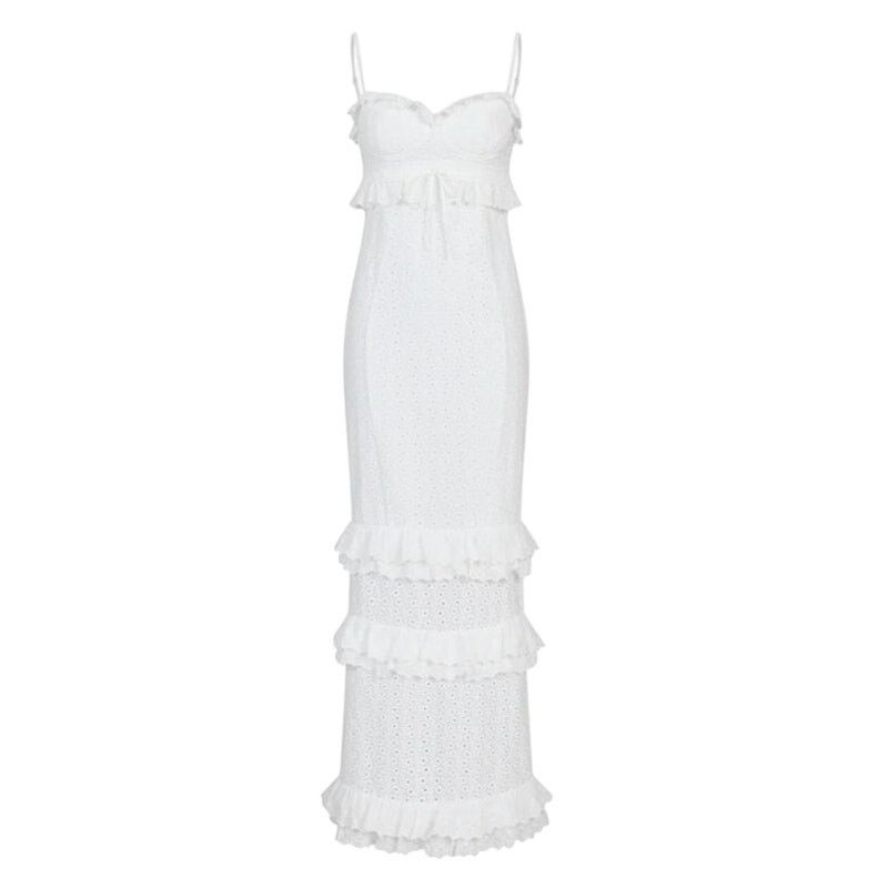 Other Commense White Cup Detail Layered Ruffle Eyelet Long Dress Size M / US 6-8 / IT 42-44 - 2 Thumbnail