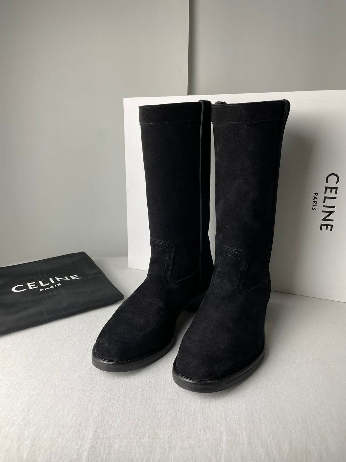 CELINE 25 Mid Calf Cowboy Boots Light Brown Suede