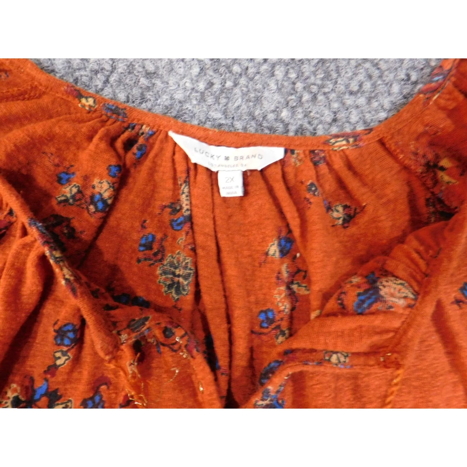 Lucky Brand Lucky Brand Blouse Shirt 2X Womens Orange Geometric Linen Modal V-Neck Pullover Long Sleeve Everyday Casual Plus Size Stretch Classic Modern Size XXL / US 16-18 / IT 52-54 - 7 Thumbnail