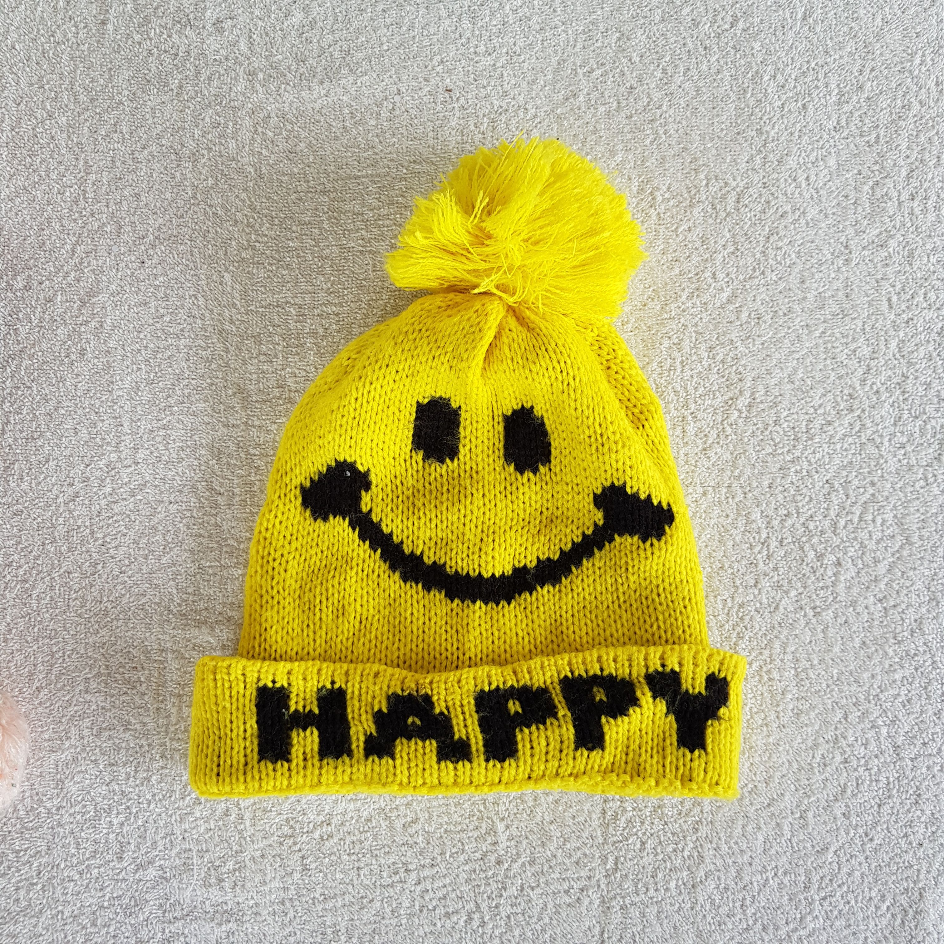 Japanese Brand Smiley Beanie Happy Pom Pom Ribbed Knit Snow Cap Hats. Size ONE SIZE - 1 Thumbnail