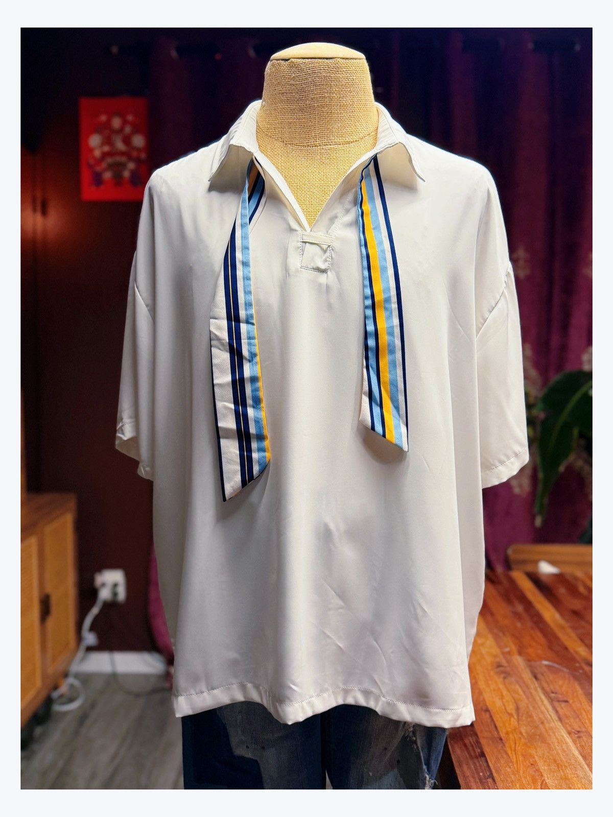 Other Oversized Collared Shirt w/ Striped Scarf Accents Size US L / EU 52-54 / 3 - 1 Thumbnail