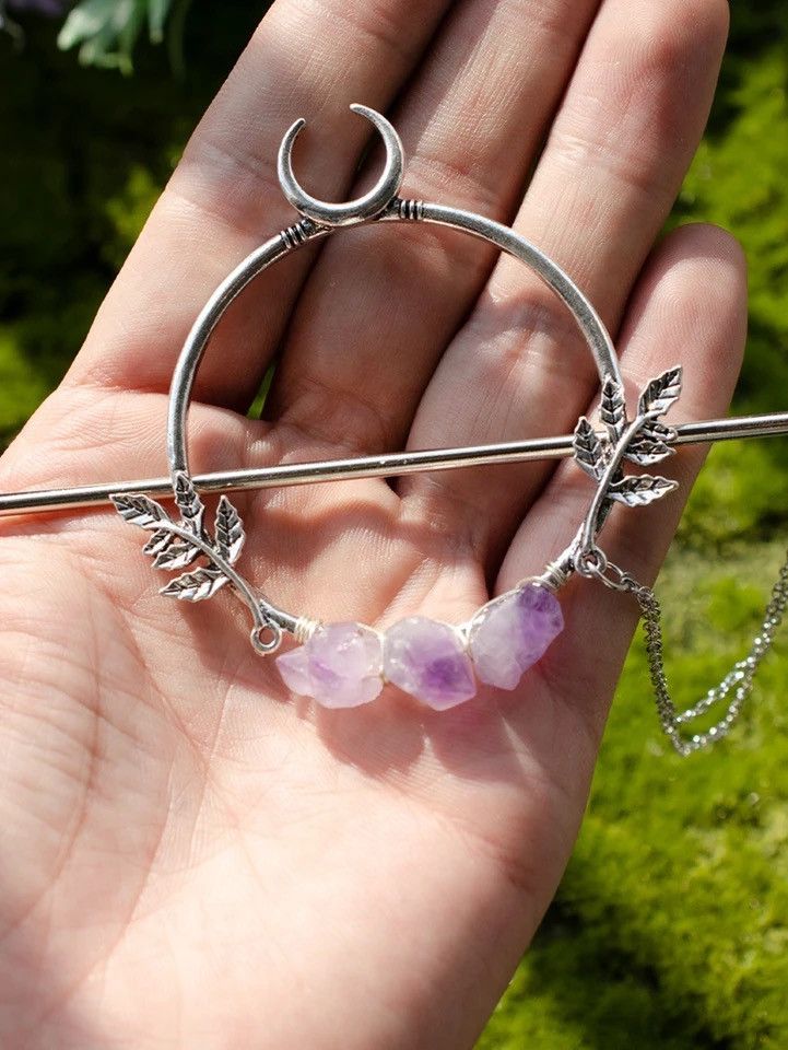 Jewelry Witch Crescent Moon Leaves Crystal Amethyst Tassels Hairclip Size ONE SIZE - 2 Thumbnail