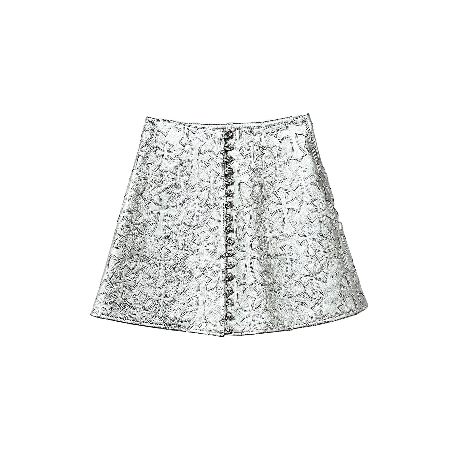image of Chrome Hearts Silver Buttons Tonal Cross Patch Leather Skirt, Women's (Size 26)