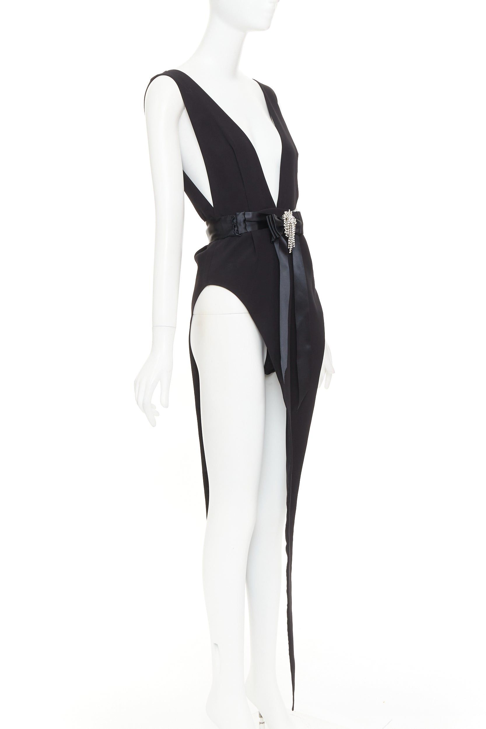 Alexandre Vauthier ALEXANDRE VAUTHIER COUTURE 2021 Runway black plunge neck crystal brooch belt high slit bodysuit dress Size S / US 4 / IT 40 - 1 Thumbnail