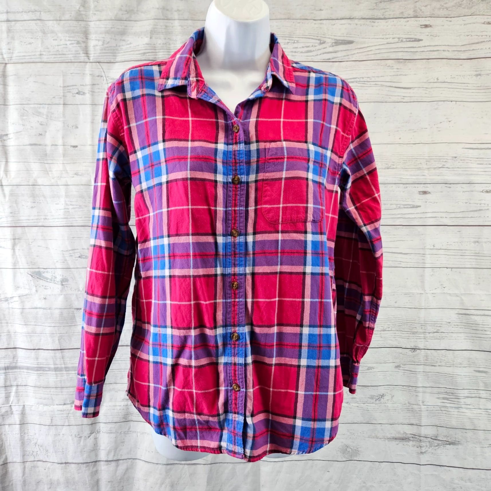 Eddie Bauer Eddie Bauer Womens Button Front Shirt XS Pink Blue Plaid Cotton Long Sleeve Shirt Womens XS Redraft Size XS / US 0-2 / IT 36-38 - 2 Thumbnail
