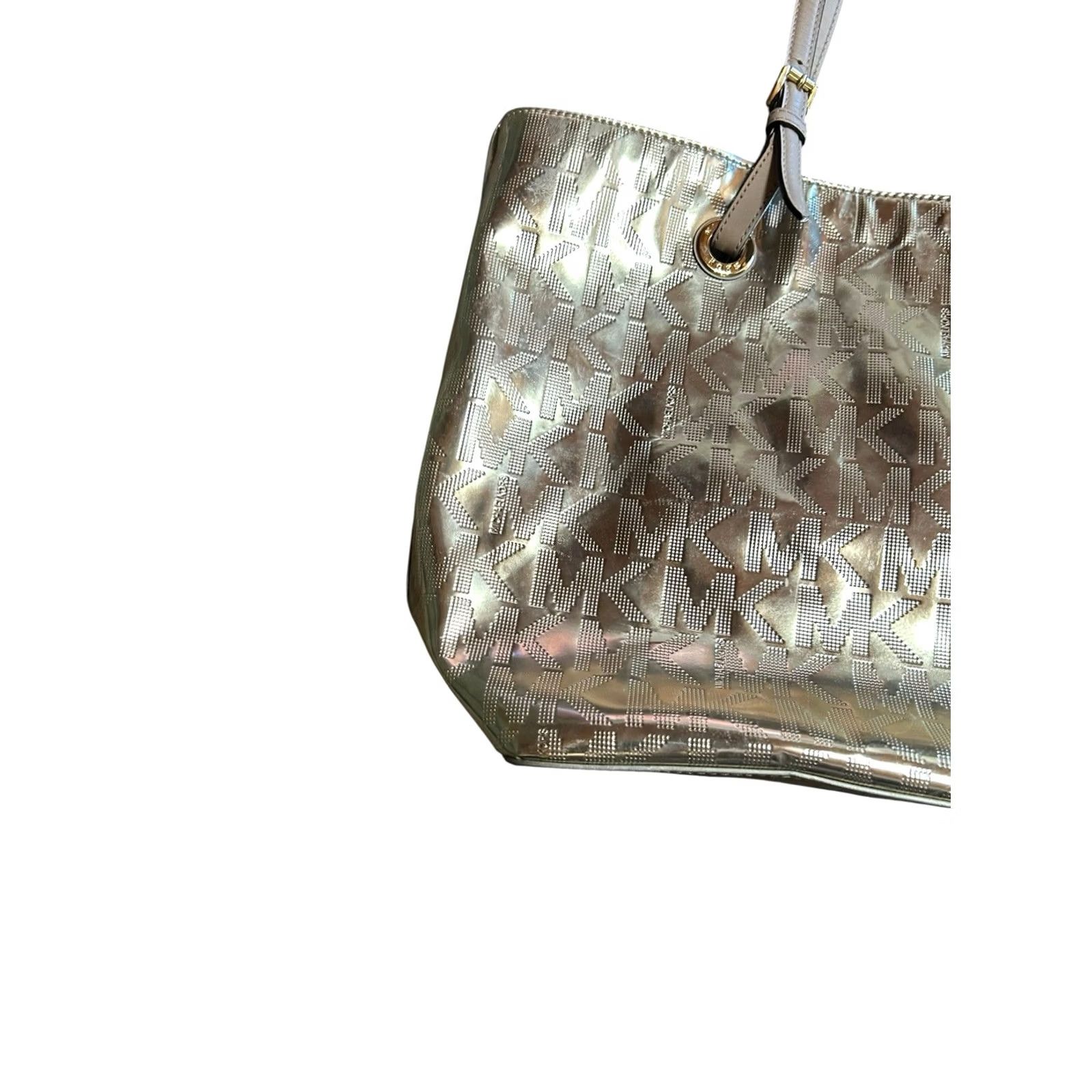 Vintage Michael Kors Gold Metallic MK Logo Tote Large ShoulderBag Purse W/Dust Cover See Size ONE SIZE - 4 Thumbnail