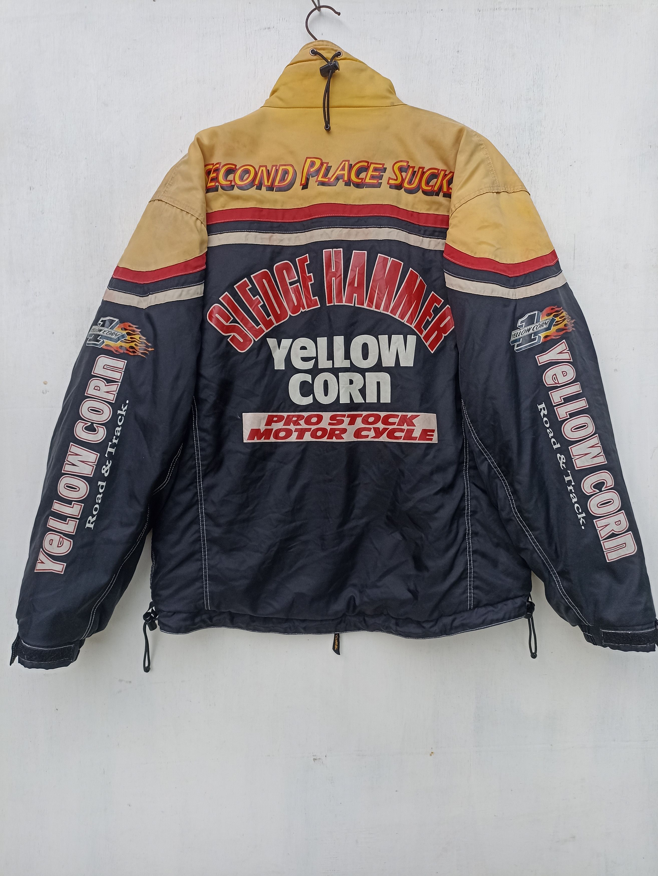 Vtg 90s Vintage Yellow Corn Bomber jacket Sledge Hammer Bike