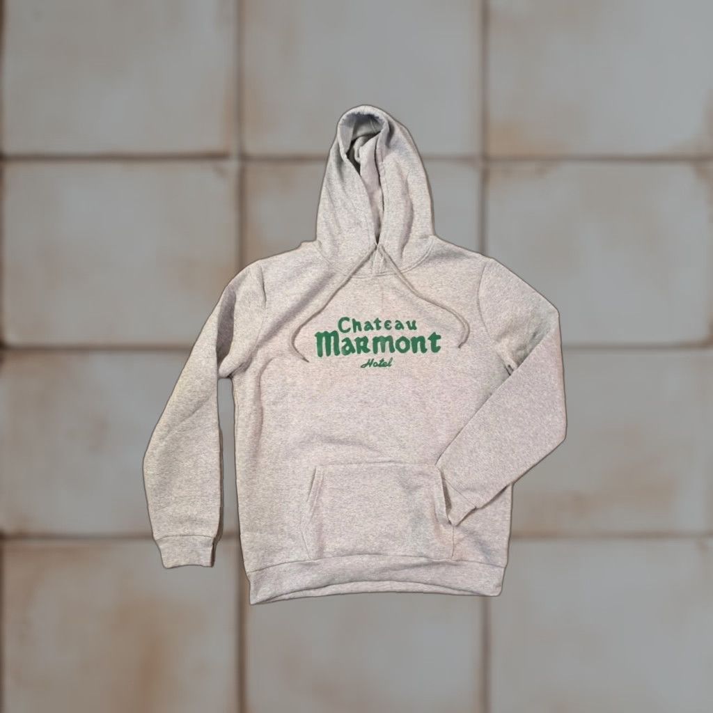 Vintage Chateau Marmont Gray Hoodie L Regular Men Pullover Sweatshirt with Pockets 90s Art Music Beach City Green Lettering Size US L / EU 52-54 / 3 - 1 Thumbnail