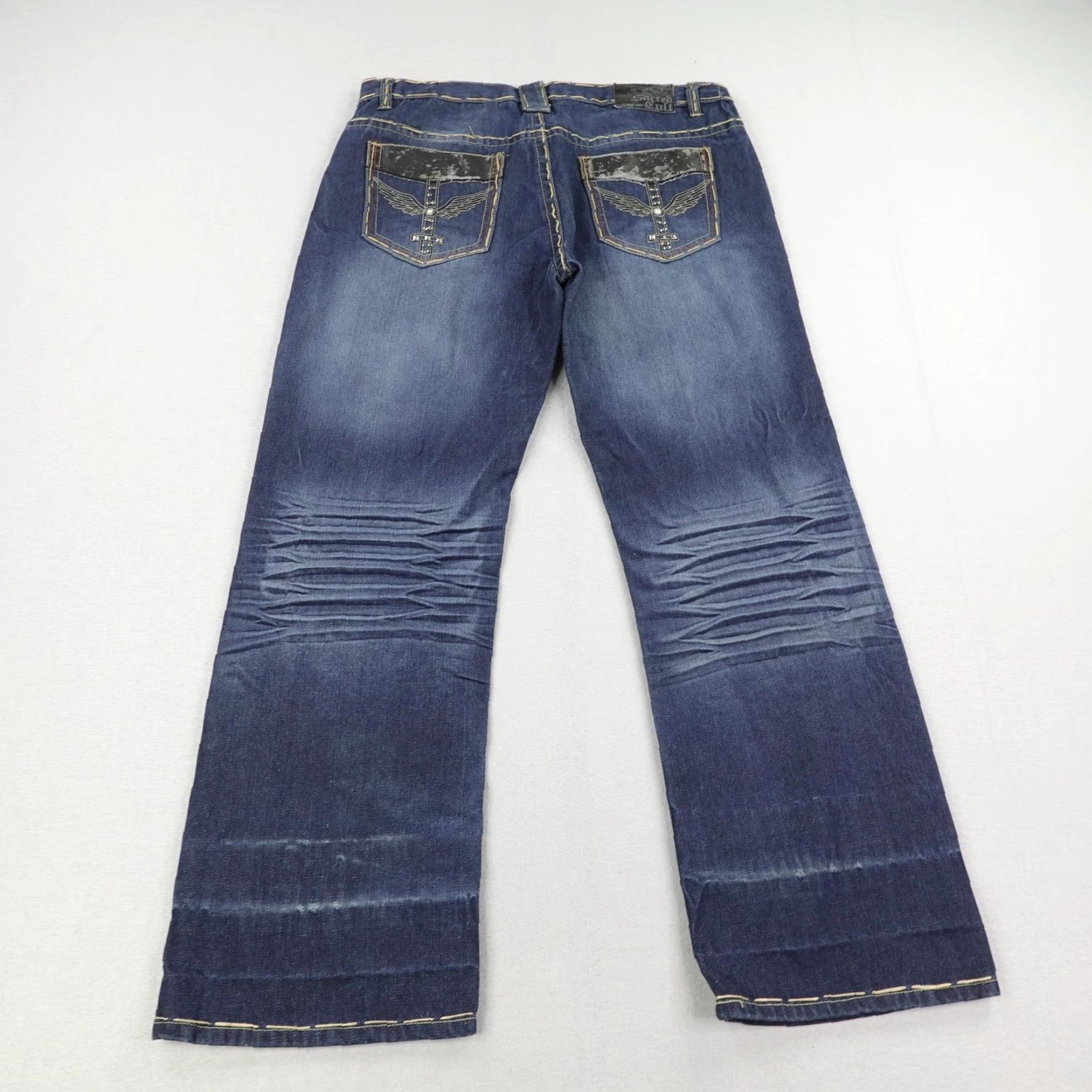 Denime VINTAGE Sacred Cult Jeans Men 40x33 Denim Baggy Straight Embroidered Y2K Blue Mens 40x33 Size US 40 / EU 56 - 4 Thumbnail