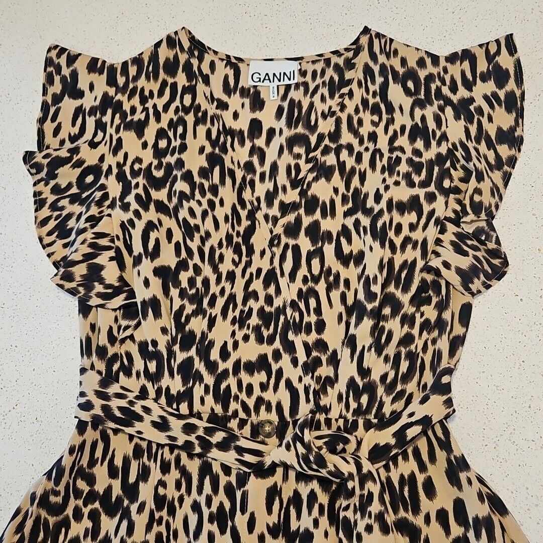 Ganni Ganni Midi Dress Womens 36 Cotton Leopard Print Ruffle Sleev Size XS / US 0-2 / IT 36-38 - 2 Thumbnail