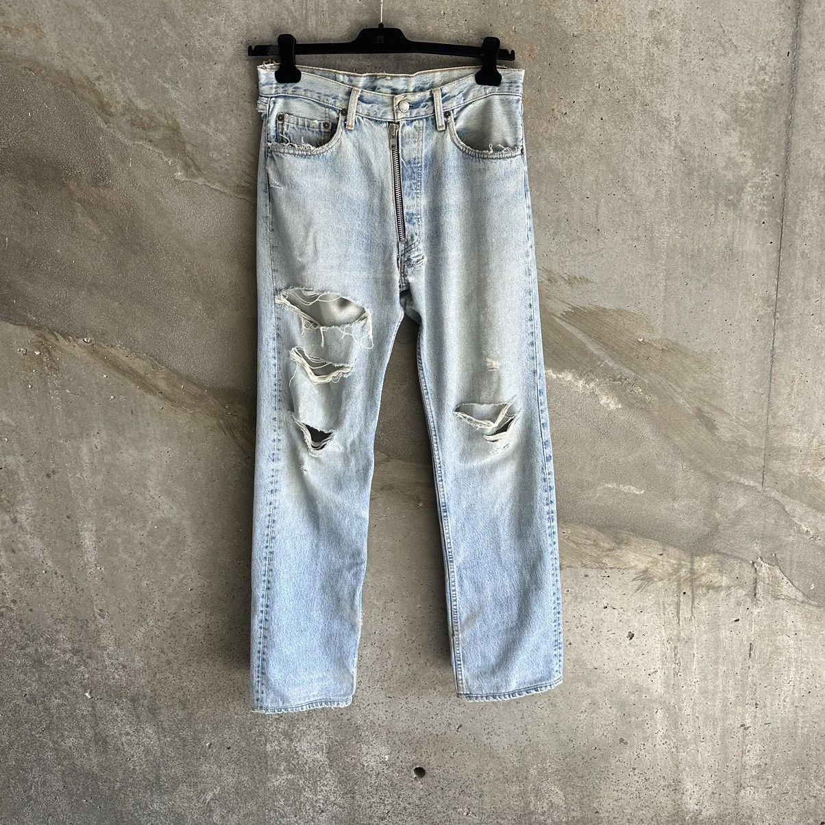 image of Maison Margiela x Vintage Thrashed 2004 Artisanal Exposed Zip Denim in Light Wash, Men's (Size 32)