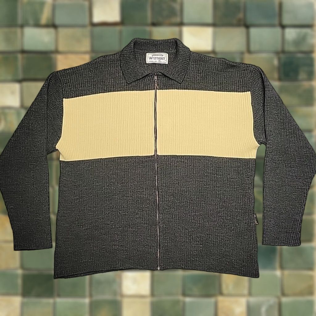 Wrangler VINTAGE Wrangler Sweater Mens L Gray Yellow Zip Front Knit Retro 70s Mod Size US L / EU 52-54 / 3 - 1 Thumbnail