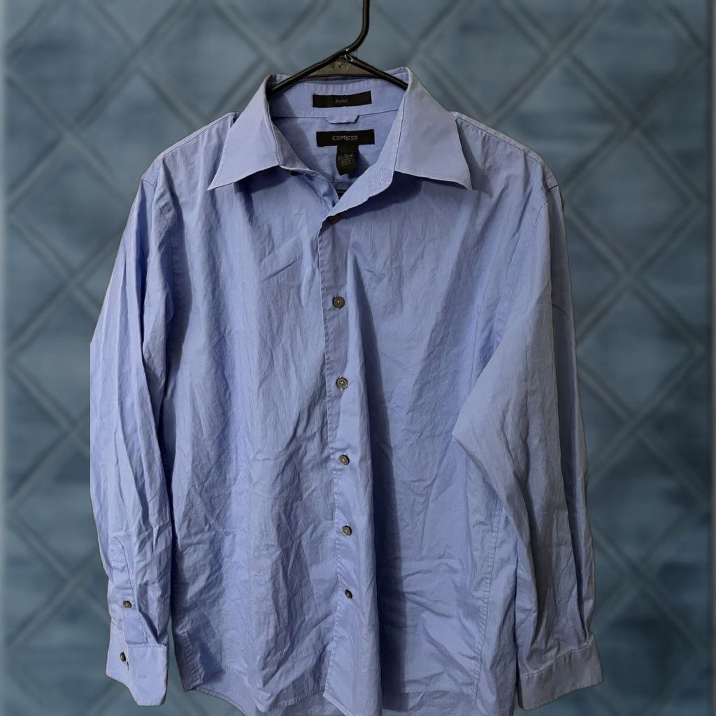 Express Express Stretch Solid Button Shirt Blue Dress Shirt Adult Medium Mens Pockets Size 40R - 1 Thumbnail