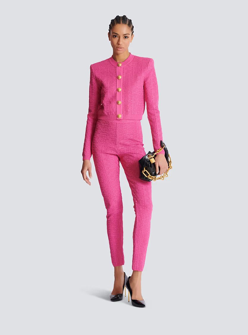 Balmain o1s1wg110725 Knit Leggings With Monogram in Pink Size 26" / US 2 / IT 38 - 2 Thumbnail