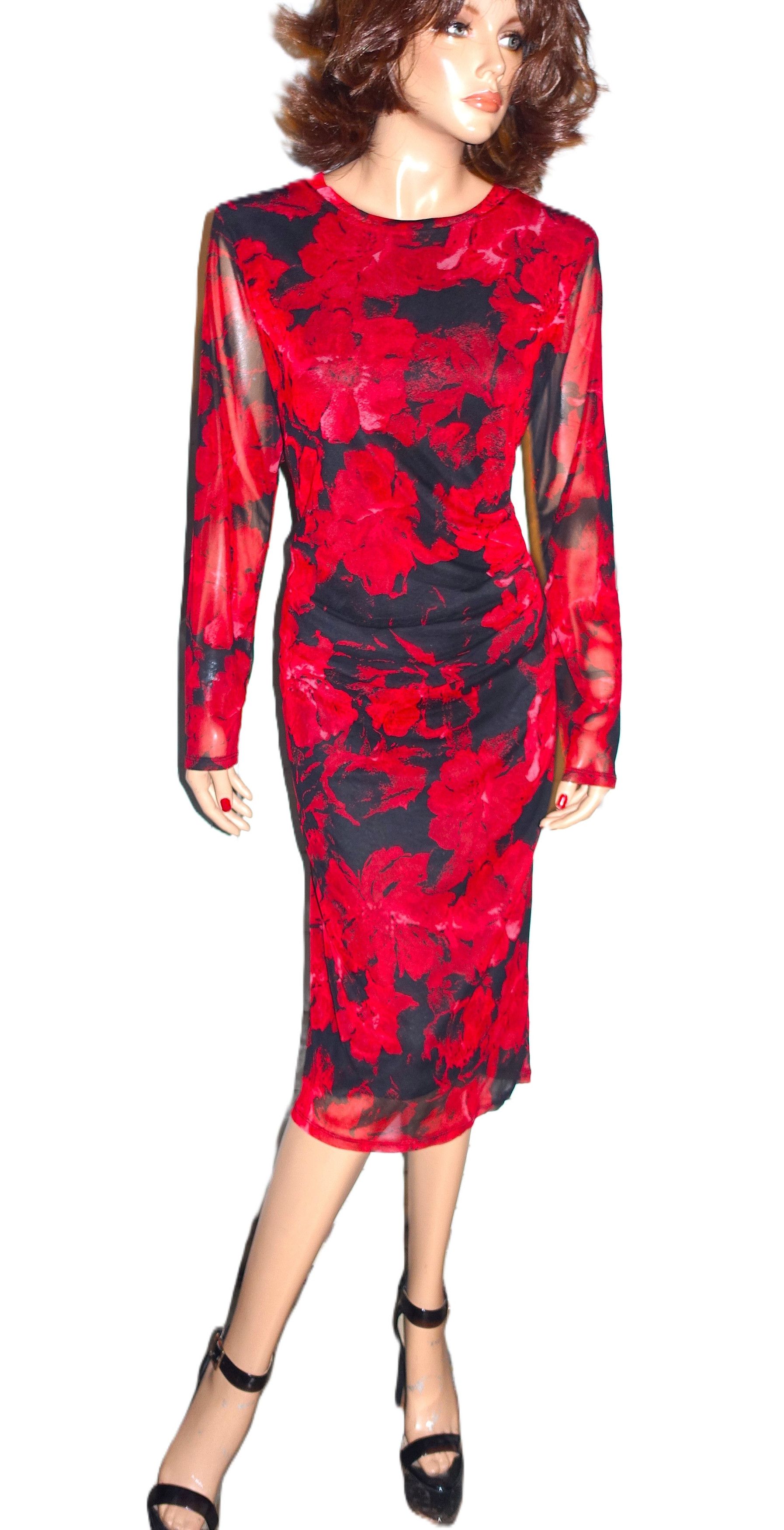 Nine West Nine West Red Black Floral Pencil Dress L Size L / US 10 / IT 46 - 2 Thumbnail