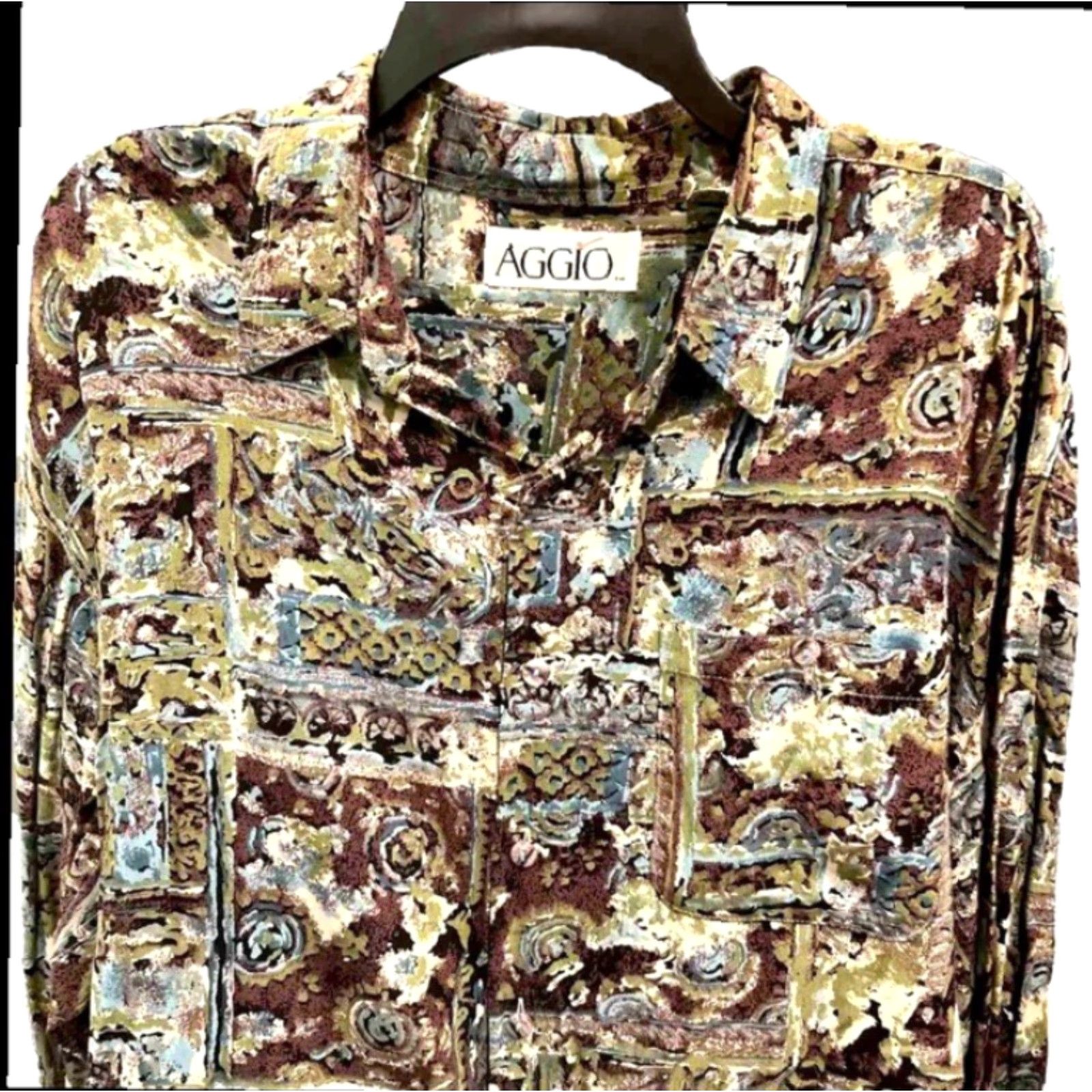 Olive AGGIO Button-Front Shirt Men’s XL Rayon 90s Psychedelic Geometric Brown Olive Blue Long Sleeve Casual Multicolor FYI: 1990s Decade Night Club Size US XL / EU 56 / 4 - 4 Thumbnail
