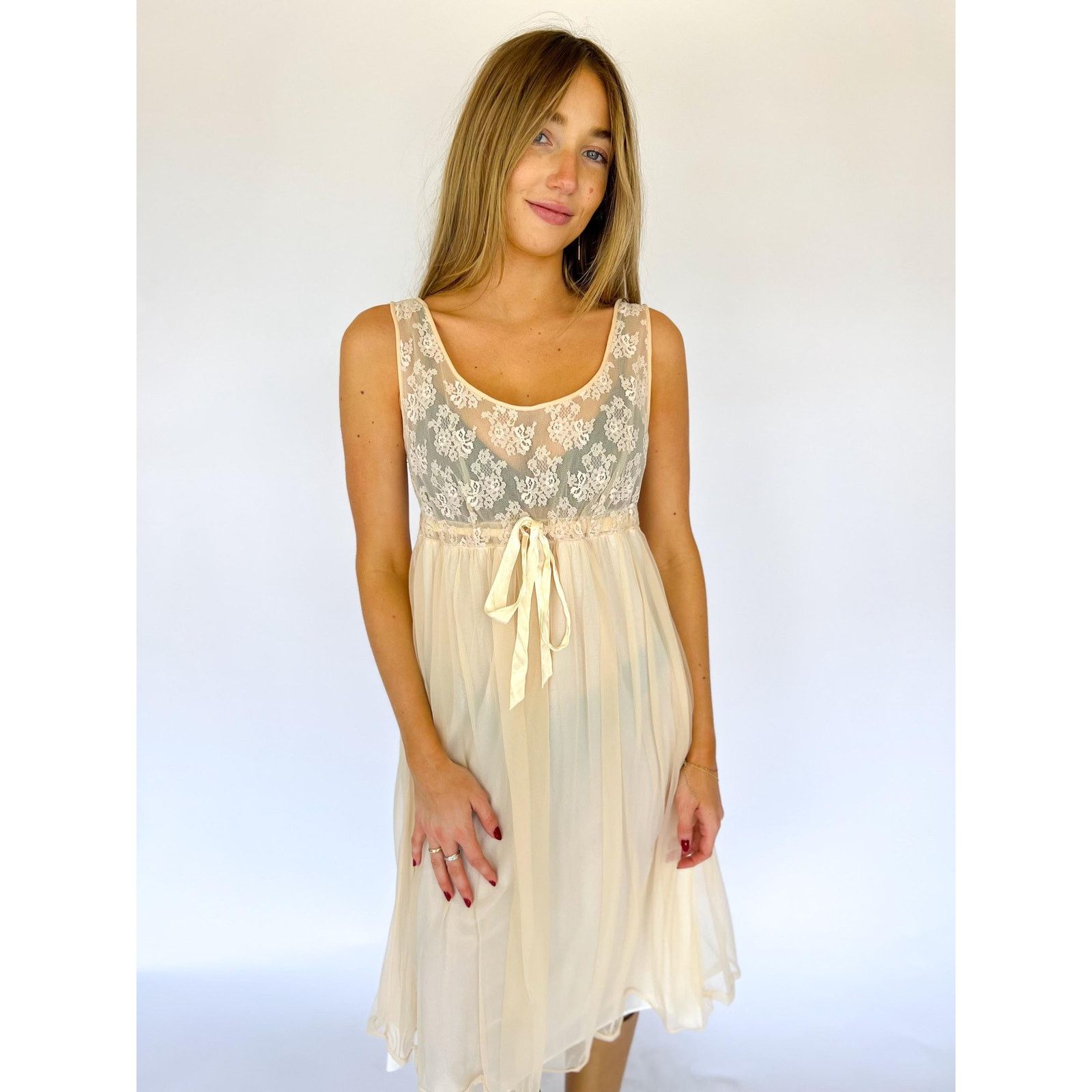 Vintage Vintage Sheer Cream Lace Midi Dress Set Lingerie Streetware Size M / US 6-8 / IT 42-44 - 2 Thumbnail
