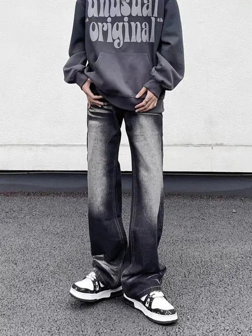 Vintage washed draped straight-leg jeans