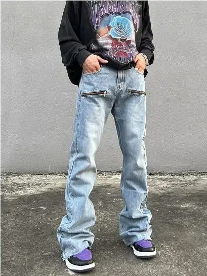 image of Avant Garde Zipper Retro Baggy Jeans in Blue, Men's (Size 34)