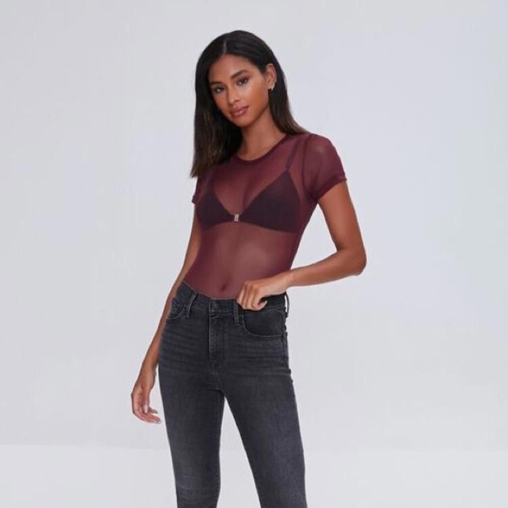 Designer Chic Sheer Burgundy Mesh Bodysuit - Perfect Layering Piece Size S / US 4 / IT 40 - 1 Thumbnail