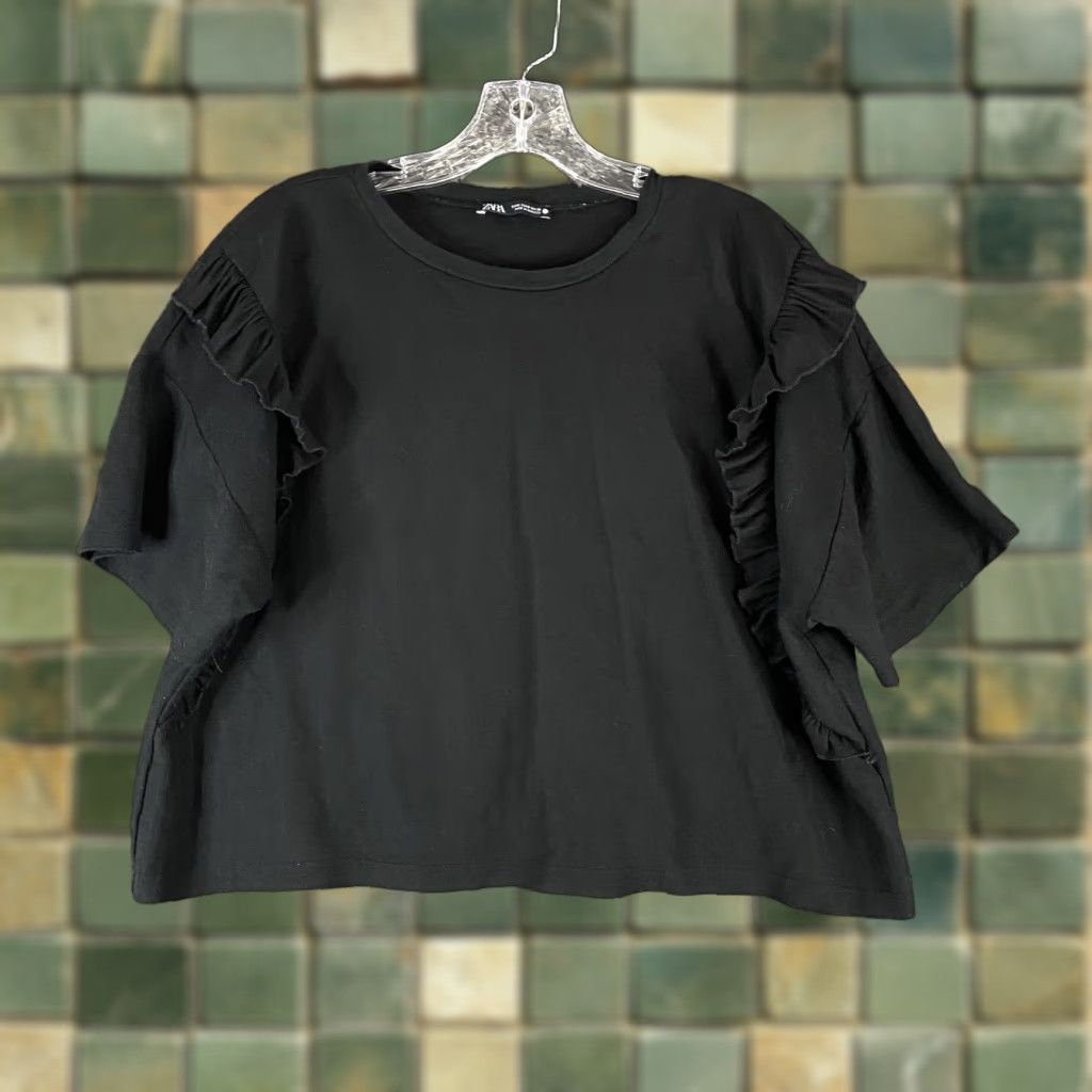 Zara Zara Blouse Shirt Short Sleeve Black M Women’s Ruffle Size M / US 6-8 / IT 42-44 - 1 Thumbnail